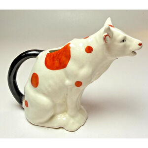 Vintage Czechoslovakian Ceramic Cow Creamer Pitcher 1930s Orange Polka Dots B